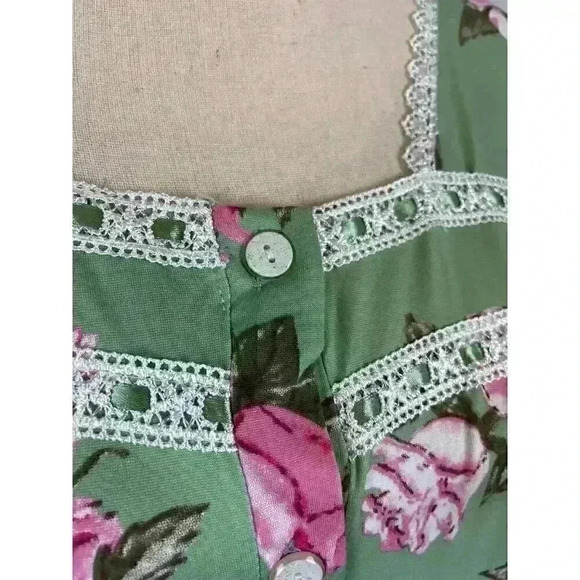 Joan Vass NWT Nightgown Green Pink Floral Buttons Pockets Long Lace M MSRP $58 - Picture 3 of 14